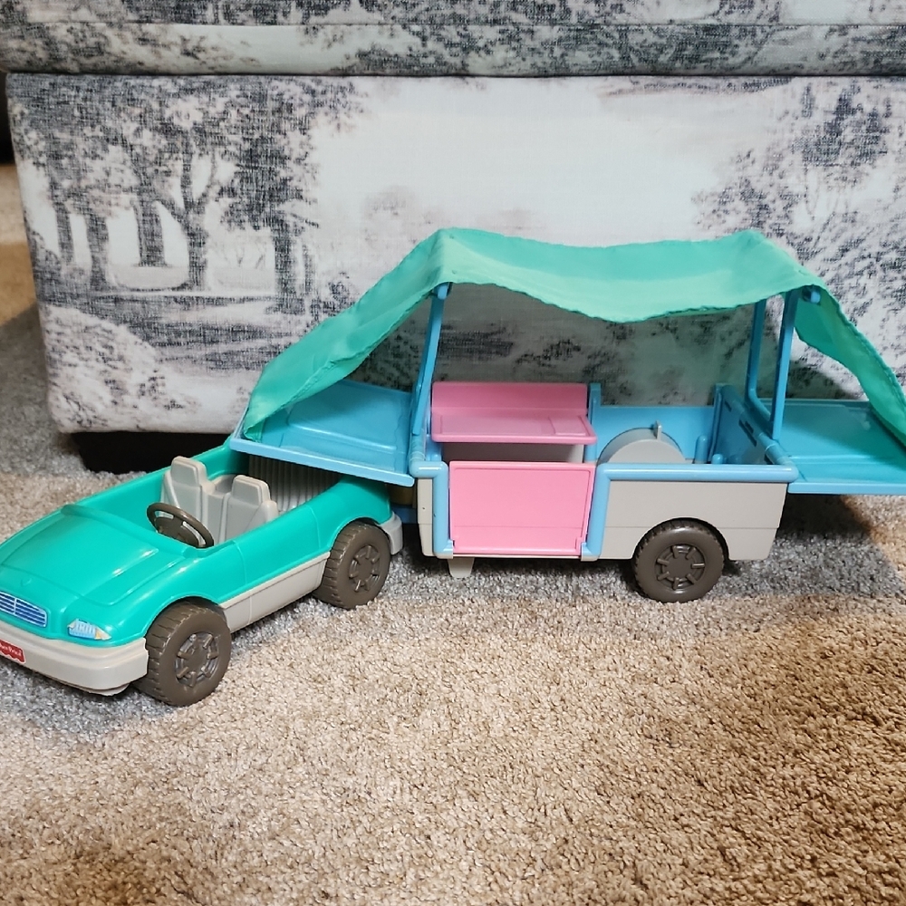 Kids Convertible Car and Camper Set - Teal and Pink